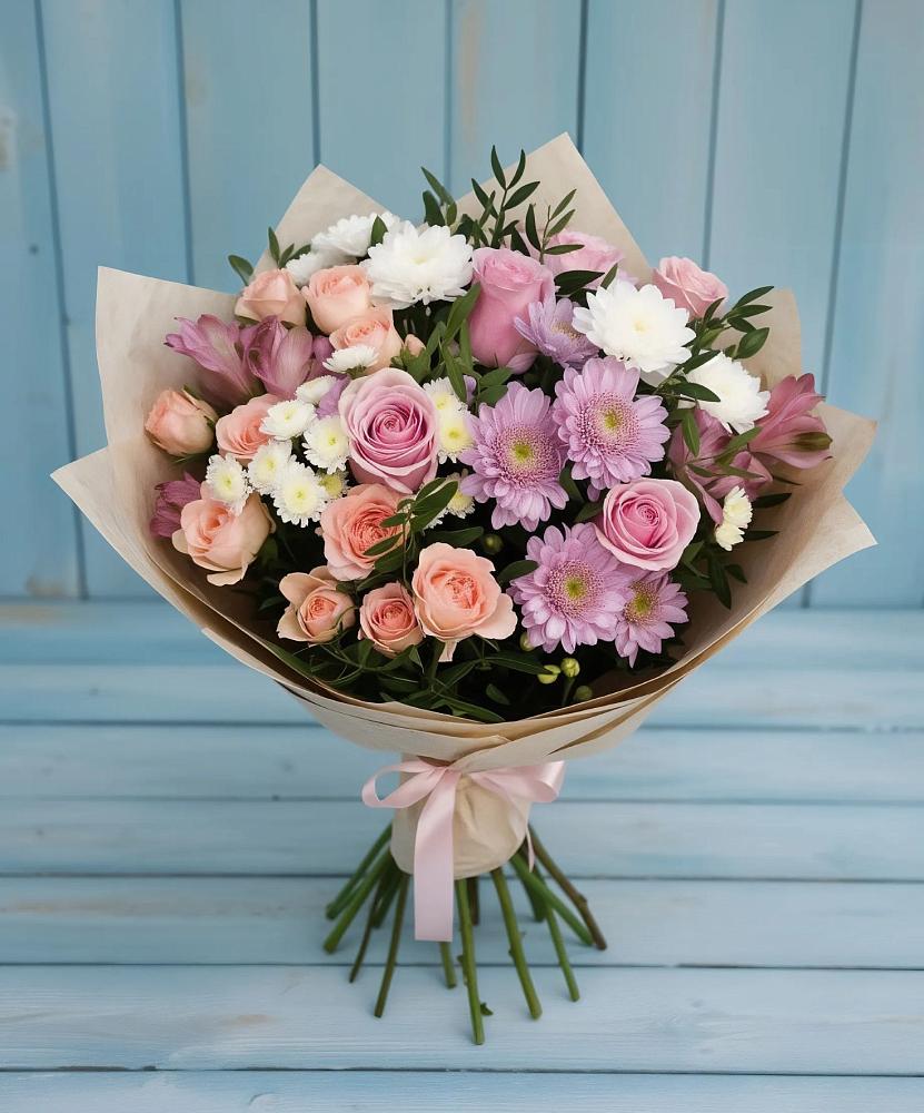 Букет цветов из: Хризантемы, Розы и Альстромерии в Заплавской