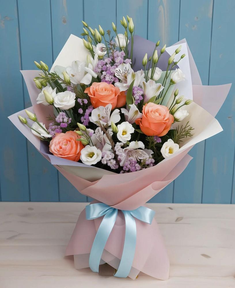 Букет цветов из: Лизиантусы, Розы, Альстромерии и Гипсофила в Заплавской