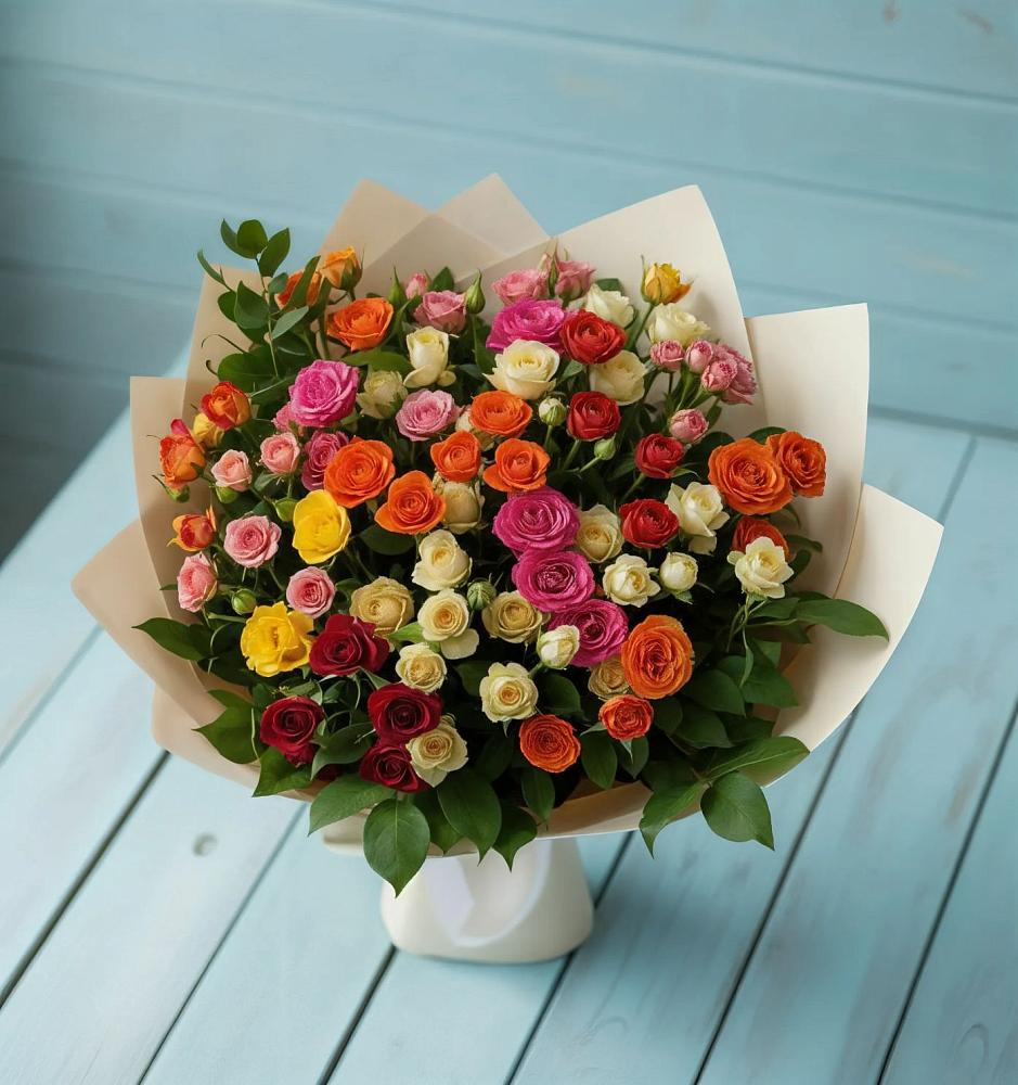Букет Микс из разноцветных кустовых роз в Заплавской