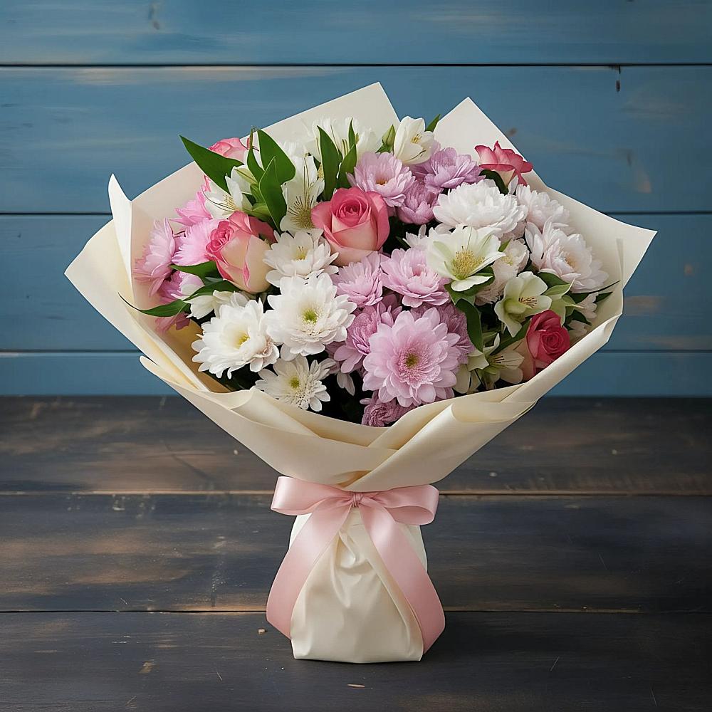 Букет цветов из: Хризантемы, Альстромерии и Розы в Заплавской